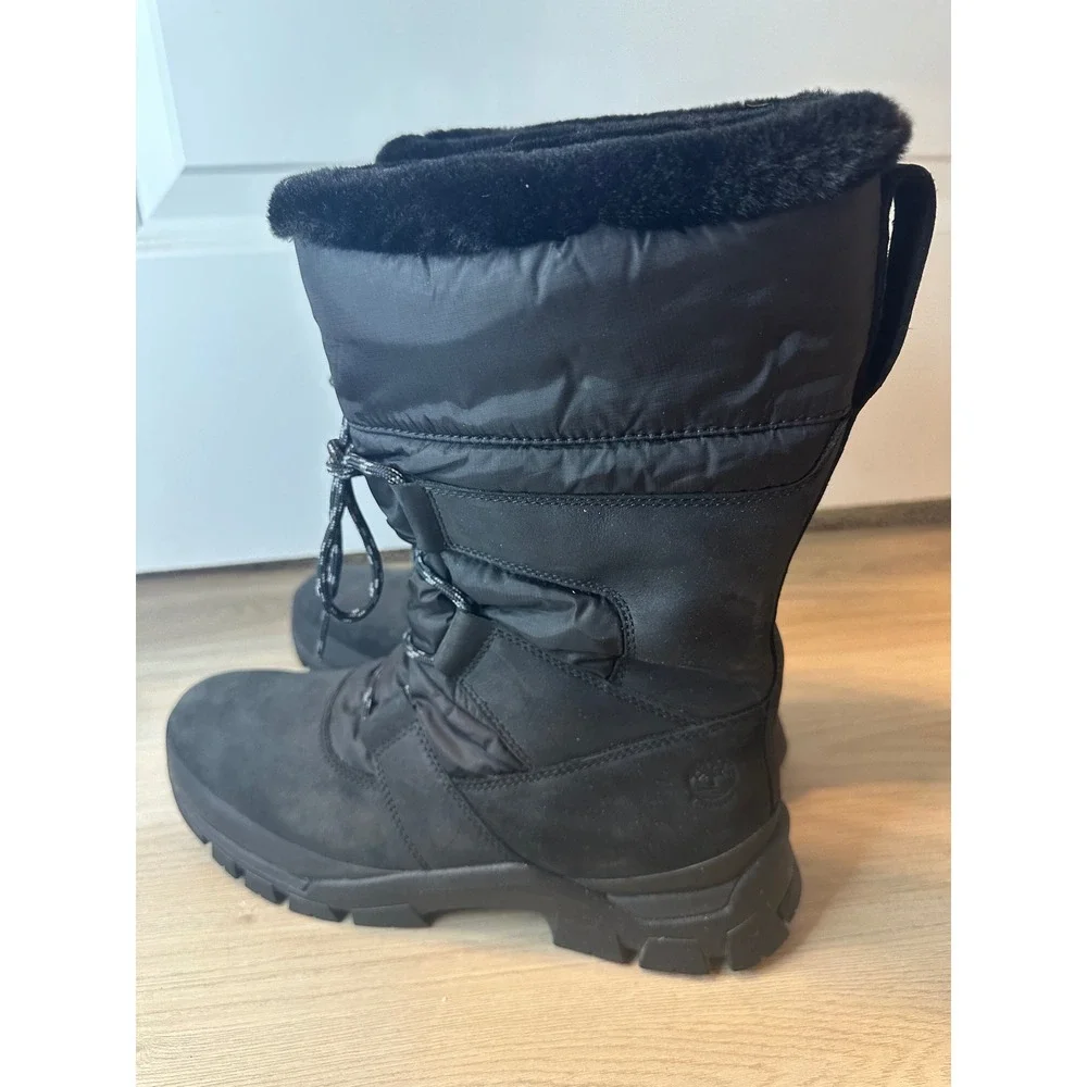 Timberland Women 10 Black Winter Boots Faux Fur Trim Lace Up Snow Boots Lug Sole